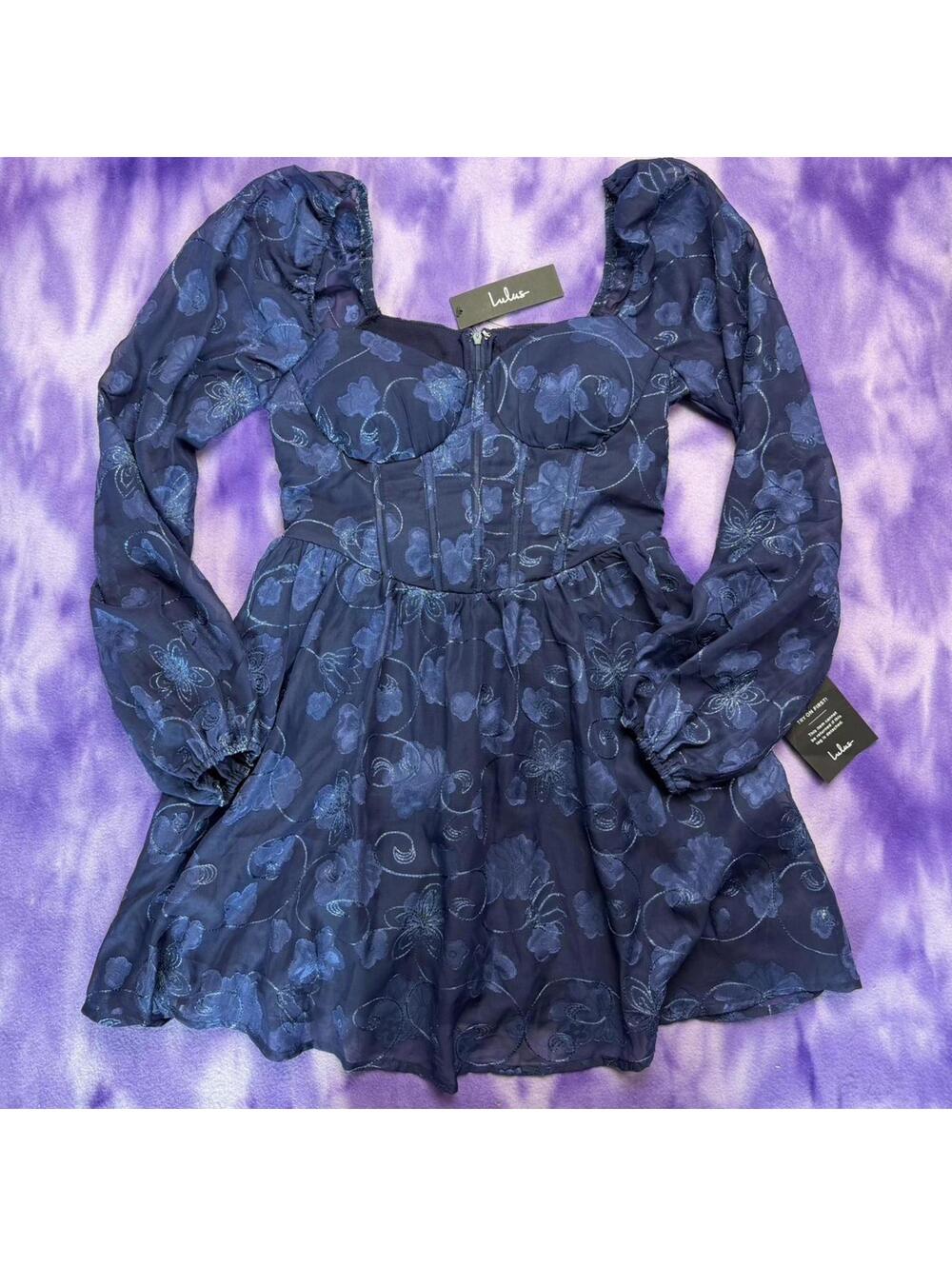 Bnwt lulus decadent charisma navy floral embroidered bustier mini dress